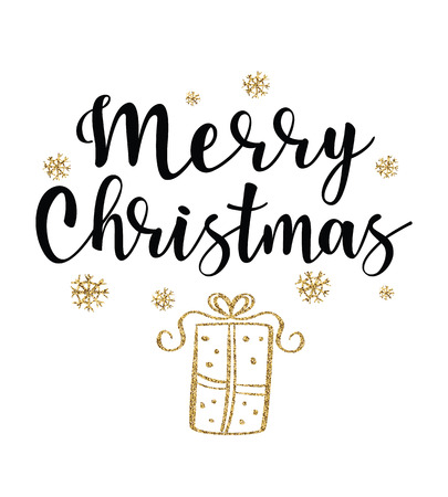 Vector illustration of christmas gift with 'Merry Christmas'' lettering. Sketched for postcard or celebration design.のイラスト素材