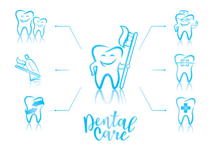 Infographic of dentistry symbols: dental tools, braces, toothache, hygiene, tooth decay etc.のイラスト素材