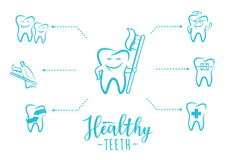Infographic of dentistry symbols: dental tools, braces, teeth, implant, toothache, hygiene, family dental etc.のイラスト素材