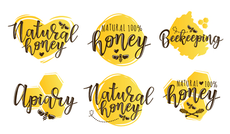 Vector illustration of beekeeping set. Logo design template with spoons of honey and bee.のイラスト素材
