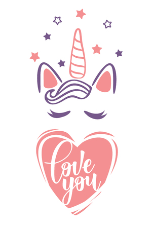 Vector illustration of a magic cute unicorn with stars. Greeting card with "Love you" inscription. Can be used for cards, flyers, posters, t-shirts.のイラスト素材