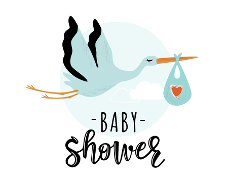 Vector illustration of a baby shower Invitation with stork. Stork carrying a cute baby in a bag. Can be used for cards, flyers, posters, t-shirts.のイラスト素材