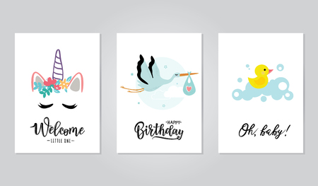 Vector illustration of a baby shower invitations set. Can be used for cards, flyers, posters, t-shirts.のイラスト素材