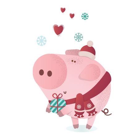 Cute piggy character in a winter scarf with a present. Greeting illustration. Symbol of winter holidays. Zodiac sign. Perfect for calendar and celebration card.のイラスト素材