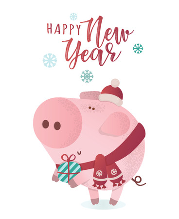 Cute piggy character in a winter scarf with a present. Greeting illustration. Symbol of winter holidays. Zodiac sign. Perfect for calendar and celebration card.のイラスト素材