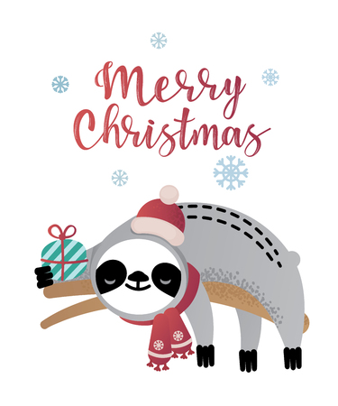 Cute vector christmas sloth bear animal with a present. Can be used for cards, flyers, posters, t-shirts.のイラスト素材
