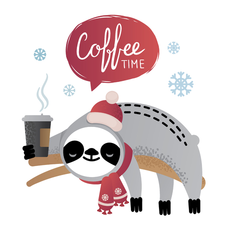 Cute vector christmas sloth bear animal with a cup of coffee. Can be used for cards, flyers, posters, t-shirts.のイラスト素材