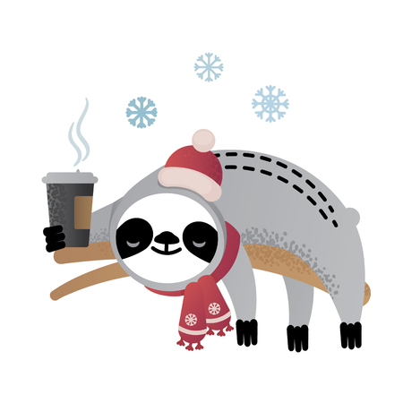 Cute vector christmas sloth bear animal with a cup of coffee. Can be used for cards, flyers, posters, t-shirts.のイラスト素材