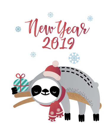 Cute vector christmas sloth bear animal with a present. Can be used for cards, flyers, posters, t-shirts.のイラスト素材