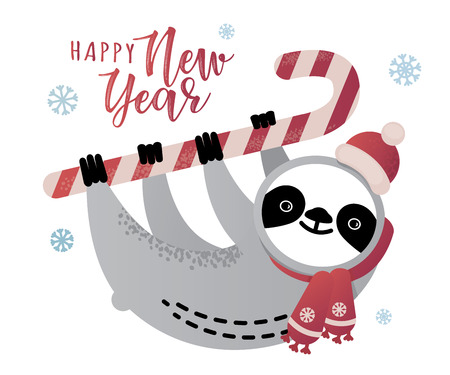 Cute vector sloth bear animal with a candy cane. Can be used for cards, flyers, posters, t-shirts.のイラスト素材