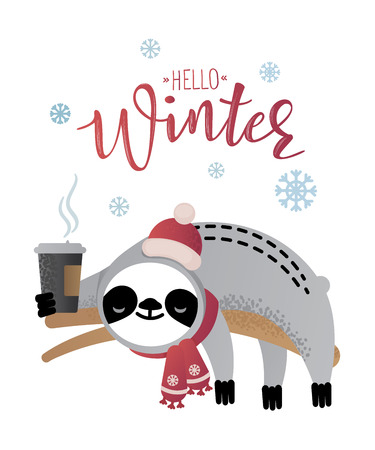 Cute vector Christmas sloth bear animal with a cup of coffee. Can be used for cards, flyers, posters, t-shirts.のイラスト素材