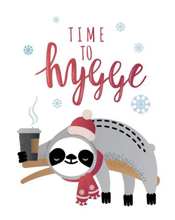 Cute vector Christmas sloth bear animal with a cup of coffee. Can be used for cards, flyers, posters, t-shirts.のイラスト素材