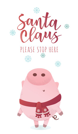 New Year vector illustration. Cute pig in a winter scarf. Greeting illustration. Symbol of winter holidays. Zodiac sign. Perfect for calendar and celebration card.のイラスト素材