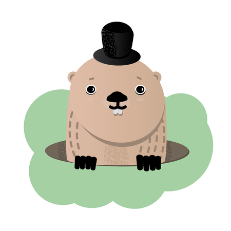 Happy Groundhog Day. Cute groundhog popping up from his burrow.のイラスト素材