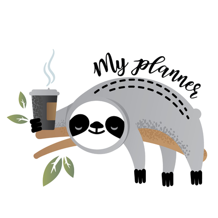 Vector illustration of a kawaii sloth for planners. Greetings postcard, card, invitation, poster, banner template.のイラスト素材