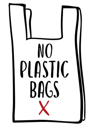 No plastic bags handwritten text title sign. Waste management concept isolated illustration on white background.のイラスト素材