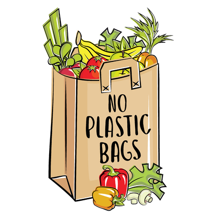 No plastic bags handwritten text title sign. Waste management concept isolated illustration on white background.のイラスト素材