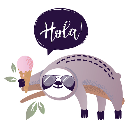 Cute vector sloth bear animal character says Hola, isolated on white background. Can be used for cards, flyers, posters, t-shirts.のイラスト素材