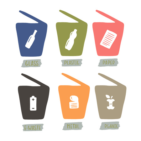 Hand drawn garbage cans for sorting waste. Vector set.のイラスト素材