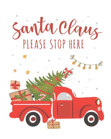 Christmas truck. Vintage vector illustration Christmas red truck with with a Christmas tree on a white backgroundのイラスト素材