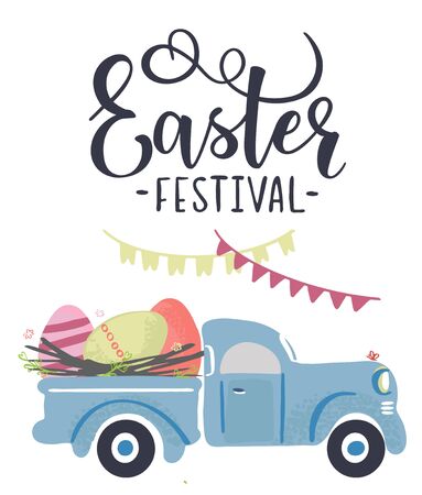 Simple cute vintage truck carrying Easter eggsのイラスト素材