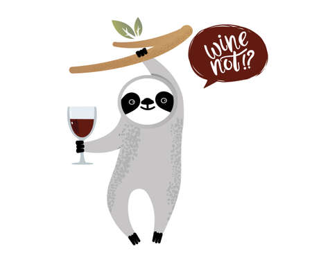 Cute vector sloth bear animal with a glass of wineのイラスト素材