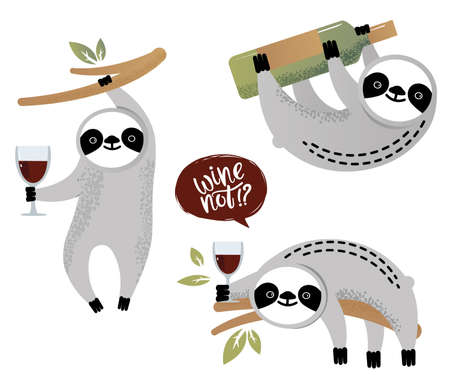Cute vector sloth bear set with a glass of wineのイラスト素材
