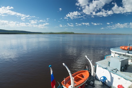 Travel by boat on the beautiful on the River Amur Khabarovsk Krai of Russia.の写真素材