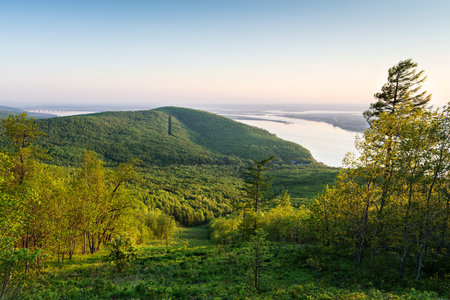Sunrise on the banks of the river Amur.の写真素材