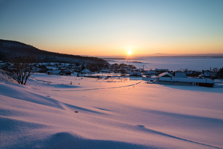 Deep snow in the village.の写真素材