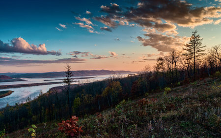 View of the evening on the Amur River.の写真素材
