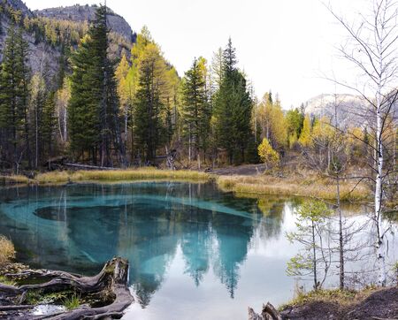 Beautiful thermal lake near the village of Akash. Geyser. Altai Republic, Ulagan.の写真素材