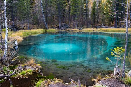 Beautiful thermal lake near the village of Akash. Geyser. Altai Republic, Ulagan.の写真素材