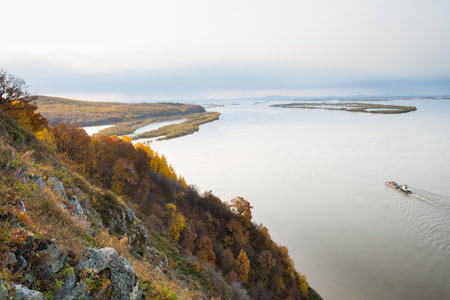 Russia. Khabarovsk region. A beautiful view of the river named Amur. The Amur River near the...