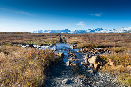 Russia. Magadan Region. A beautiful forest lake against the backdrop of the Big Anngachak mountain range. Autumn in the vicinity of Lake Jack London.の写真素材