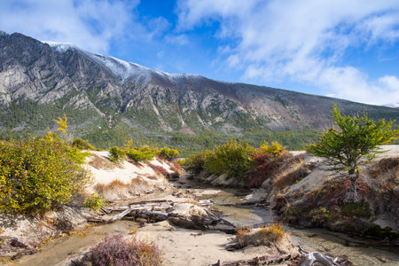 Far East of Russia, Magadan region, Susumansky district, lake Malyk. Surroundings of the mountain lake Malyk in the north of the Far East is located five hundred kilometers from the city of Magadanの写真素材