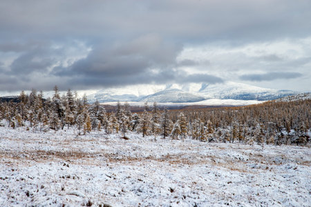 Russia. Magadan Region. Beautiful Lake Momontay against the backdrop of a snowy mountain range. Late autumn in the vicinity of Lake Momontay.の写真素材