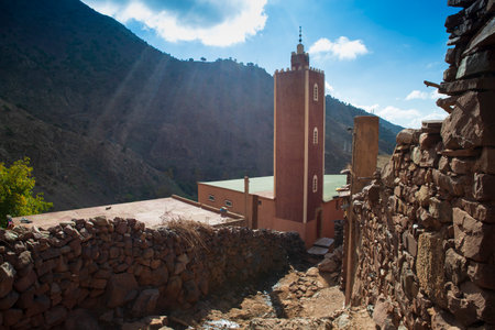 Country Morocco. Beautiful landscape in the High Atlas Mountains. Village on the mountain slopes.の写真素材