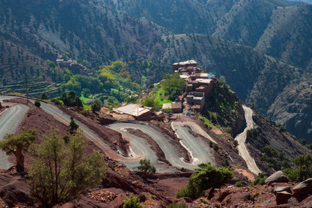 Beautiful landscape in the High Atlas Mountains. Village on the mountain slopes.の写真素材