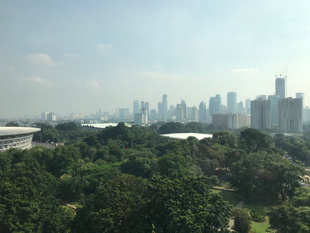 overlooking buildings and stadium with trees around