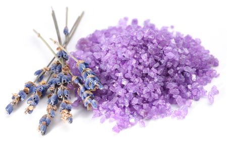 handful of sea salt flavored with dried lavender flowers.の写真素材
