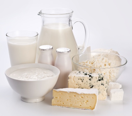 Different milk products. On a blue background. の写真素材