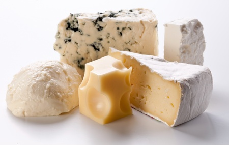 Various types of cheeses on a white background. の写真素材