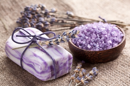 Soap with sea-salt and dried lavender.の写真素材