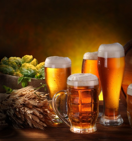 Still Life with a keg of beer and draft beer by the glass.の写真素材