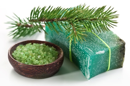 Pine soap with sea-salt and branch of pine.の写真素材