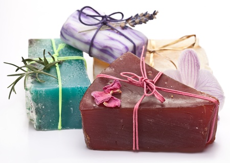 Range of different soaps on a white background.の写真素材