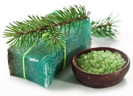 Pine soap with sea-salt and branch of pine.の写真素材
