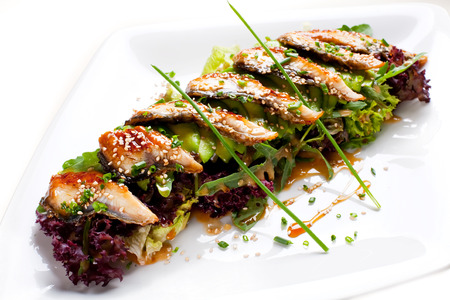 Light meal from eel. Salad with avacado, eel, lettuce and Unagi Sauce.の写真素材