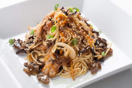 Rice spaghetti with mushrooms. Japanese food,の写真素材